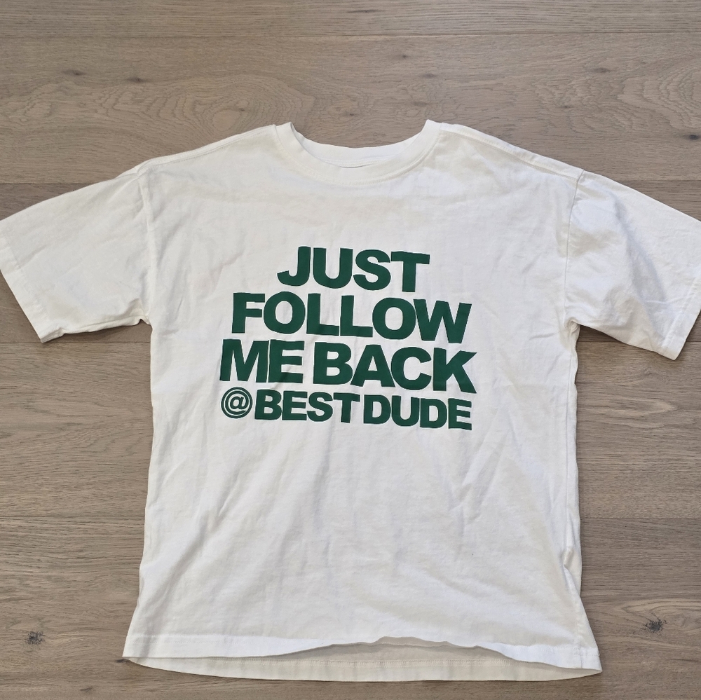 Zara Cotton White T-shirt With Green Print Just Follow Me Back Best Dude 11 - 12